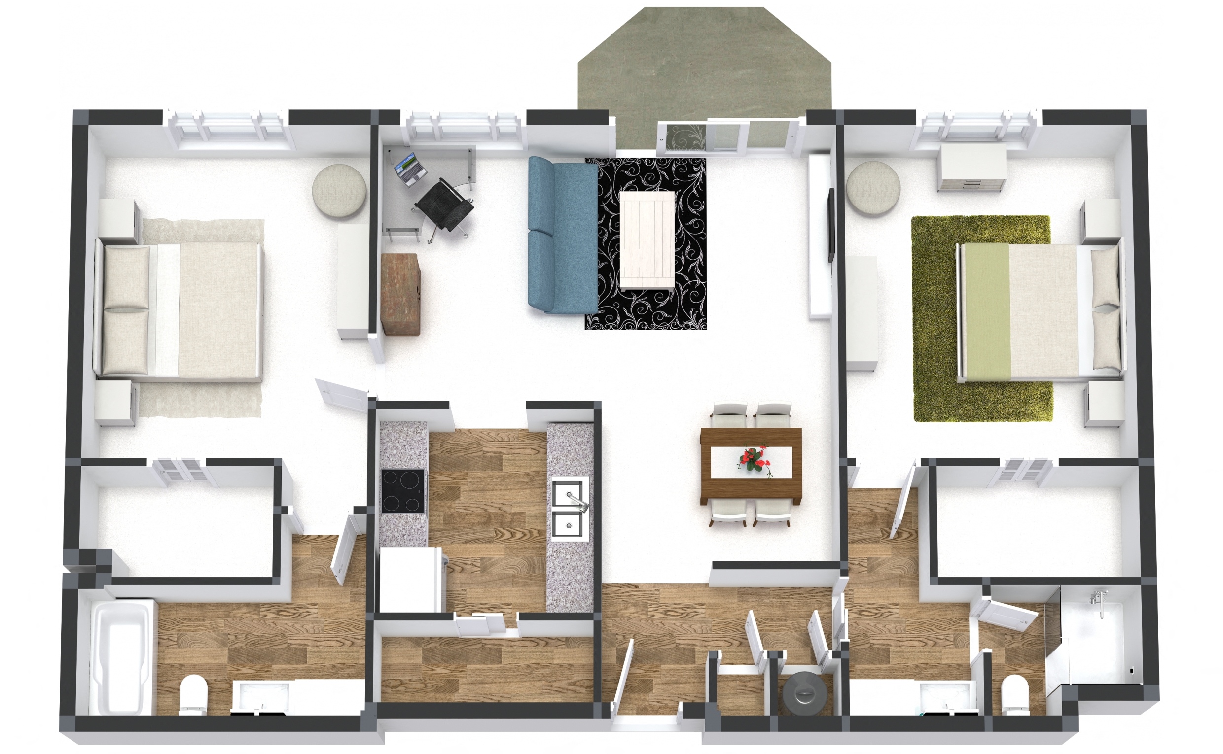 Floor plan for 2 beds, 2 baths, 1167 sqft